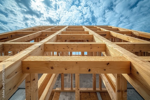 Close-up of a wooden frame structure for a new house under construction