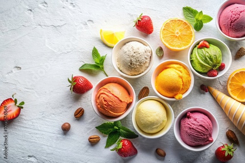 Wallpaper Mural Colorful Ice Cream Scoops in Various Flavors on White Background - Strawberry, Vanilla, Orange, Lemon, Delicious Dessert Treats for Summer and Parties Torontodigital.ca