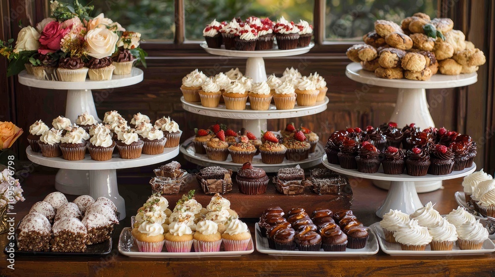 A variety of desserts, including cupcakes, cookies, and pastries, displayed on a dessert table A variety of desserts, including cupcakes, cookies, and pastries, displayed on a dessert table