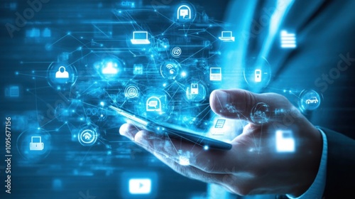 Hand holding smartphone displaying digital network connections and icons.