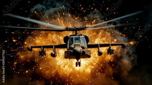 Apache Attack Helicopter Emerging from Explosion