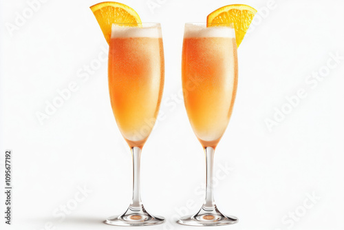 Two glasses of champagne with orange and lemon slices next to a sparkling pool under the warm sun, creating a festive and refreshing ambiance. photo