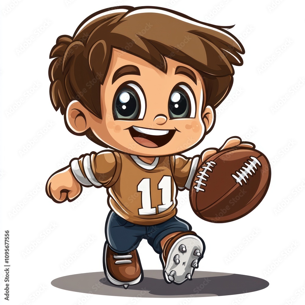 A cheerful cartoon boy running with a football, showcasing a playful sports theme. A cheerful cartoon boy running with a football, showcasing a playful sports theme.