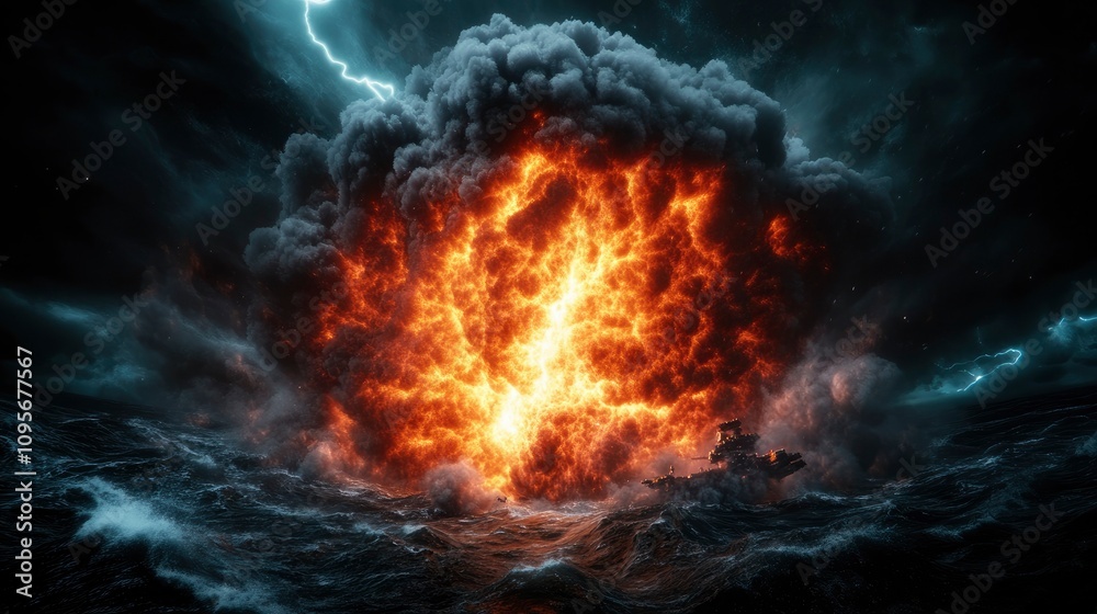 Fototapeta premium Fiery Inferno at Sea Dramatic Explosion in a Stormy Ocean