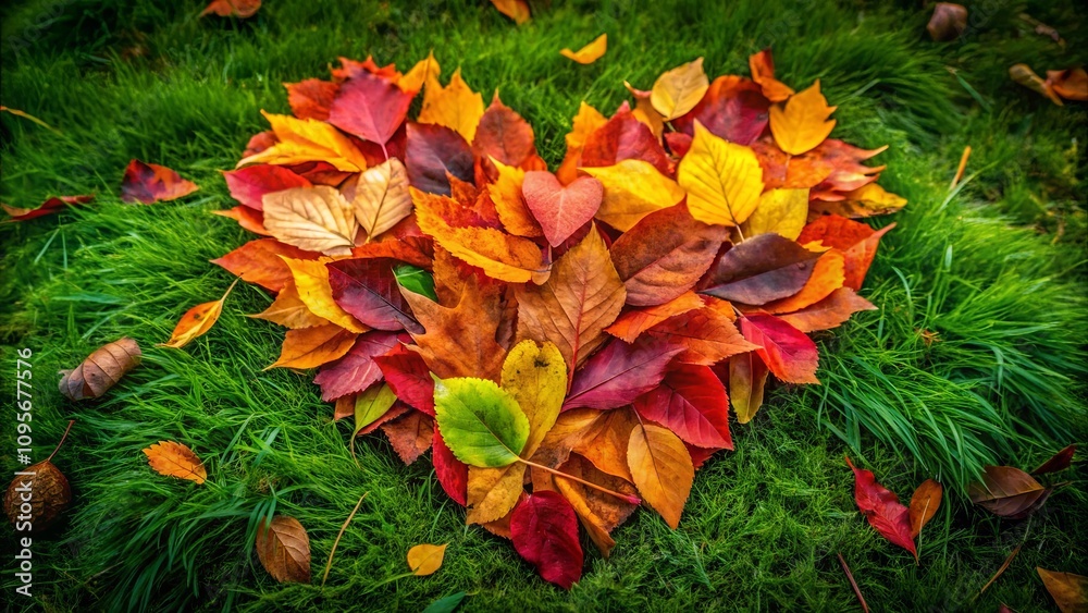 Autumn leaves arranged in a heart shape on vibrant green grass Autumn leaves arranged in a heart shape on vibrant green grass