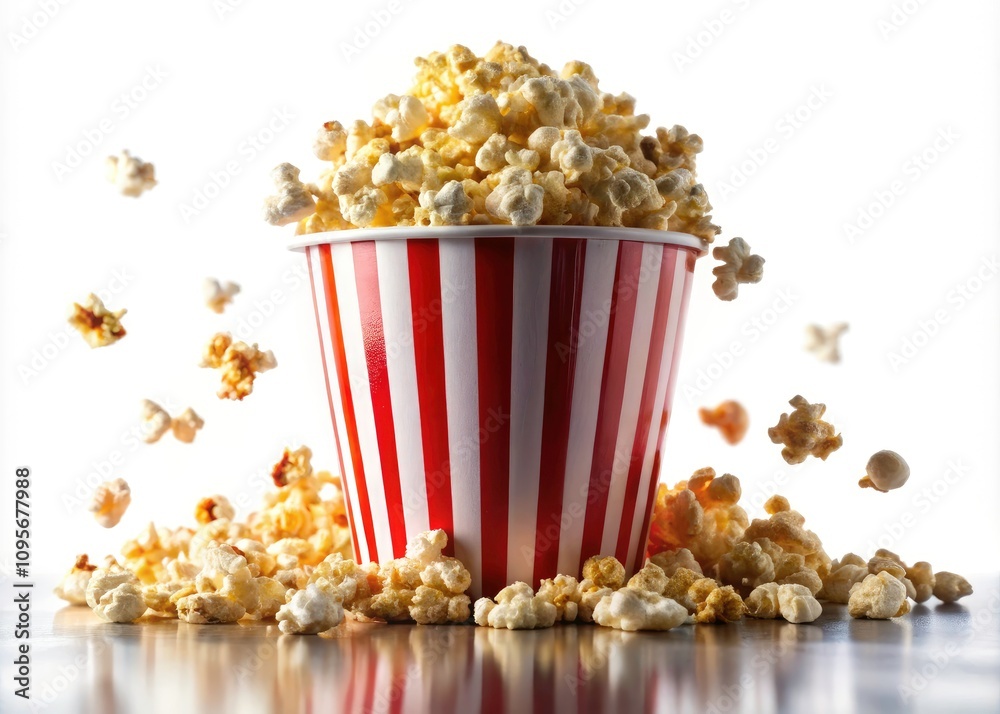 Fluffy Buttery Popcorn in a Red and White Striped Cup on Transparent Background for Food Photography Fluffy Buttery Popcorn in a Red and White Striped Cup on Transparent Background for Food Photography