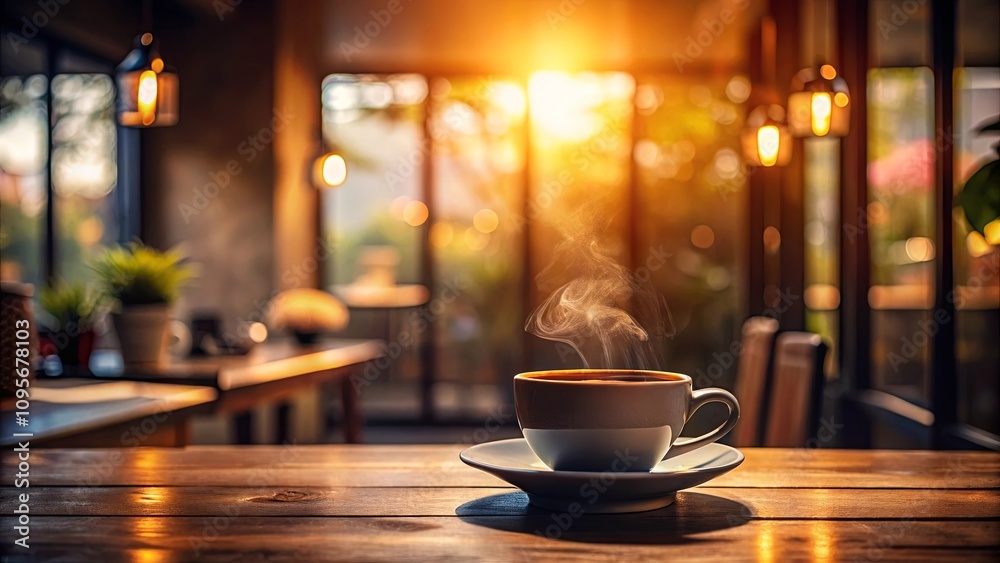 Warm Morning Beverage on Wooden Table in a Cozy Cafe Warm Morning Beverage on Wooden Table in a Cozy Cafe