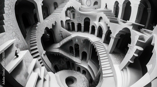 Monochromatic surreal architecture with spiraling staircases and figures.