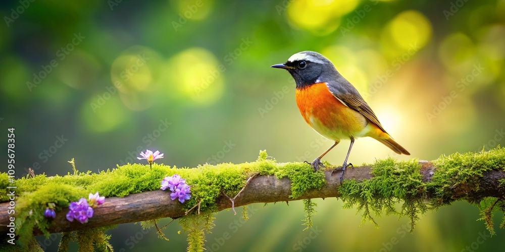 Vibrant Bird Perched on Mossy Branch with Delicate Flowers in a Sunlit Forest Vibrant Bird Perched on Mossy Branch with Delicate Flowers in a Sunlit Forest