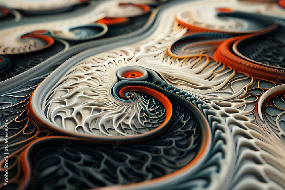 An intricate abstract design featuring swirling patterns in hues of orange, black, and white, creating a mesmerizing visual experience.