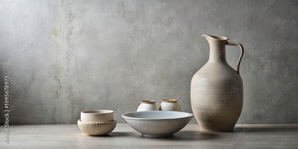 Minimalist Still Life with Ceramic Vase, Bowl, and Jug in Neutral Colors on Gray Background for Candid Photography Aesthetic Minimalist Still Life with Ceramic Vase, Bowl, and Jug in Neutral Colors on Gray Background for Candid Photography Aesthetic
