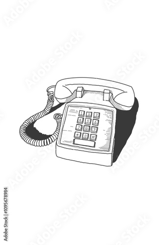 Black and white sketch of a retro landline telephone object with dial number