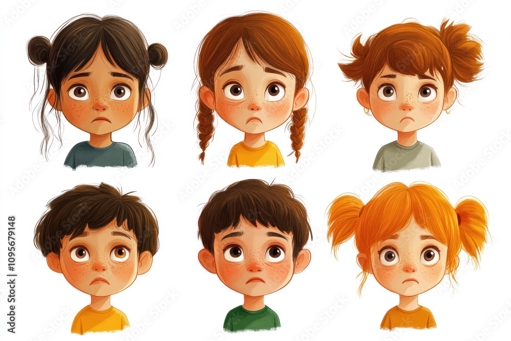 Six varied expressions of a girl: cheerful, surprised, angry, sad, thoughtful, and playful. Each face capturing a unique emotion, displayed in a collage. Six varied expressions of a girl: cheerful, surprised, angry, sad, thoughtful, and playful. Each face capturing a unique emotion, displayed in a collage.