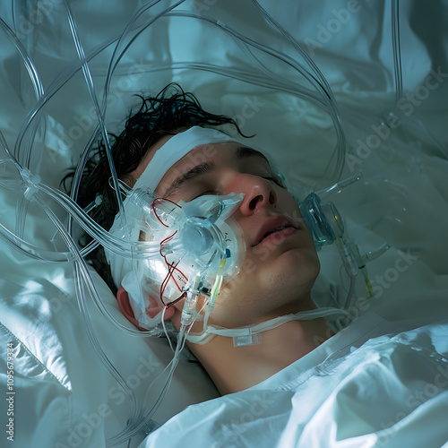 Medical emergency scene patient undergoing treatment hospital healthcare environment close-up view human resilience and care