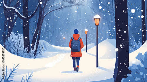 Person mit laterne auf einem verschneiten winterweg in stiller landschaft. Silent Snowy Woods. Illustration photo