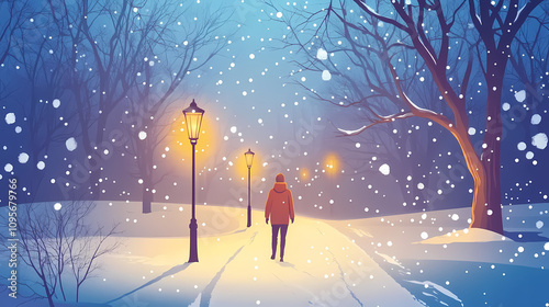 Person mit laterne auf einem verschneiten winterweg in stiller landschaft. Silent Snowy Woods. Illustration photo