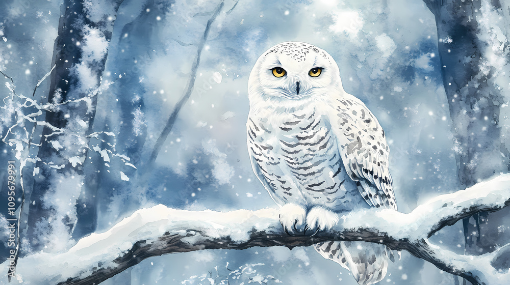 Alert snowy owl with intense gaze perched on branch against winter forest background watercolor painting. Silent Snowy Woods. Illustration Alert snowy owl with intense gaze perched on branch against winter forest background watercolor painting. Silent Snowy Woods. Illustration