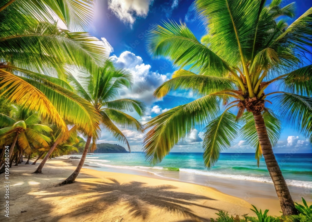 Fototapeta premium Serene Tropical Beach with Palm Trees, Crystal Clear Sea, and Golden Sand - Perfect Paradise for Relaxation and Adventure