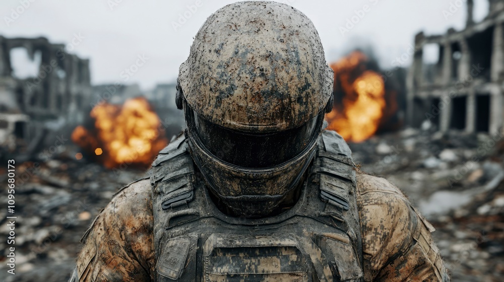 Fototapeta premium Mud-Covered Soldier in War-Torn Cityscape
