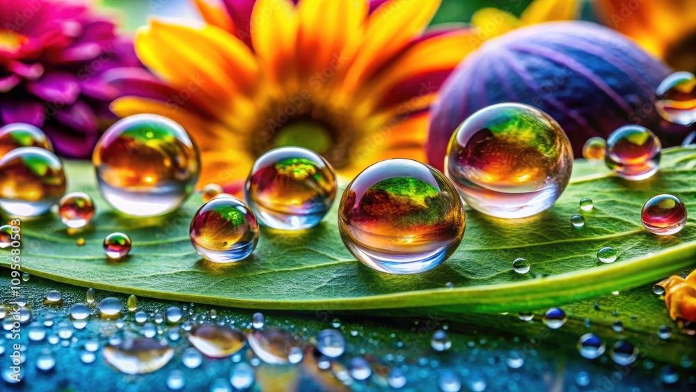 Naklejka premium Stunning Panoramic Photography of Basic Water Drops on Various Surfaces, Capturing Nature's Beauty and Intricacies in High Resolution for Nature Lovers and Photographers