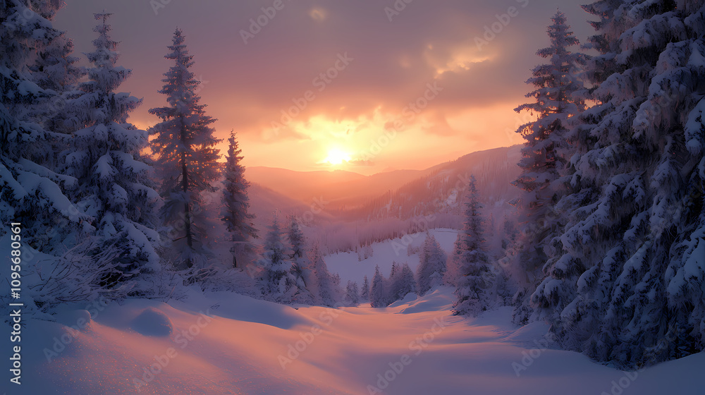 A beautiful winter scene of coniferous woods and a snowy valley during sunset. Silent Snowy Woods. Illustration A beautiful winter scene of coniferous woods and a snowy valley during sunset. Silent Snowy Woods. Illustration