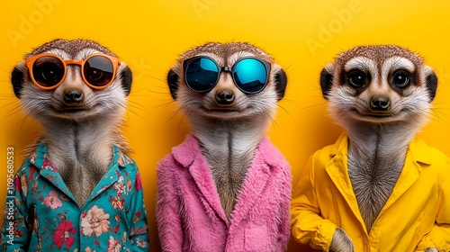 Stylish meerkats posing in sunglasses vibrant studio fun photo