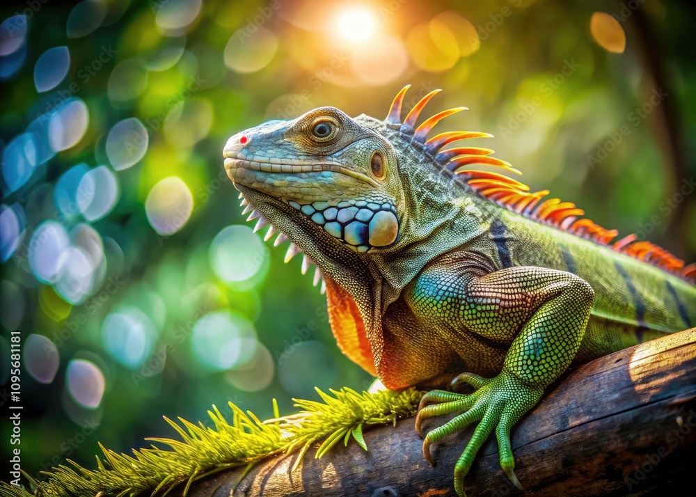 Vibrant Iguana Resting on a Branch in Lush Greenery with Soft Sunlight - Long Exposure Photography of Colorful Scales and Unique Features Vibrant Iguana Resting on a Branch in Lush Greenery with Soft Sunlight - Long Exposure Photography of Colorful Scales and Unique Features