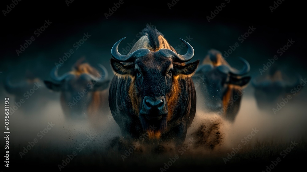 Naklejka premium Wildebeest Herd in Motion Majestic African Antelope Running Through Dust