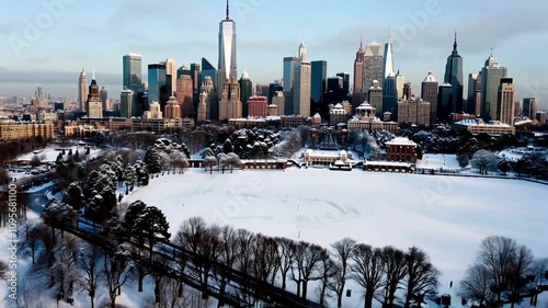 Sunlight illuminating snowy central park and manhattan