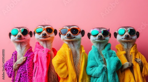 Meerkats in colorful robes fun fashion show studio playful animals