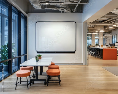 blank screen white b0ad in modern office Modern office space with collaborative seating.