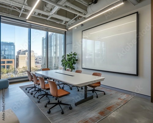 blank screen white b0ad in modern office Modern conference room with large windows.