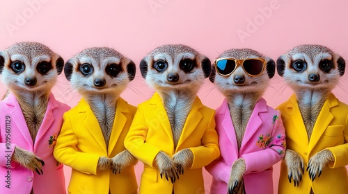 Stylish meerkats in colorful suits studio animal portrait fun close-up playfulness