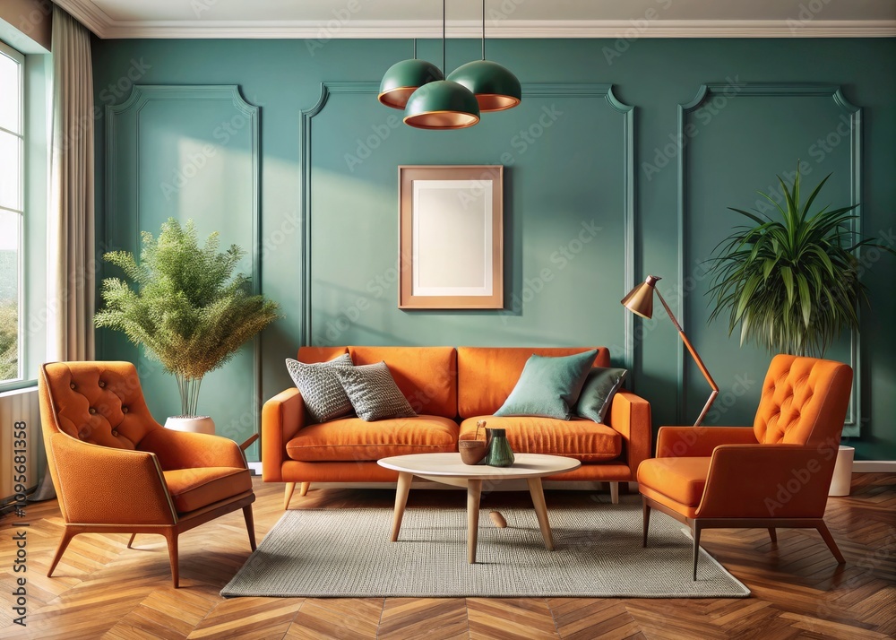 Fototapeta premium Vintage Scandinavian Interior Design: Modern Living Room with Teal Armchairs and Orange Sofa, Blank Mock-Up Frame, Cozy Atmosphere, Stylish Decor, Timeless Elegance