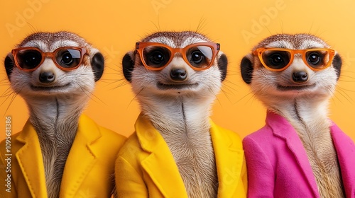 Fashionable meerkats in colorful suits studio photography fun close-up
