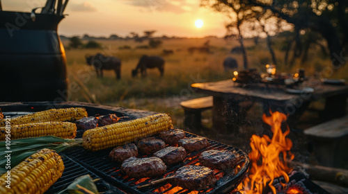 Traditional South African Braai Experience at Game Reserve with Sunset, Grilled Meat, Corn, and Wildlife in Background