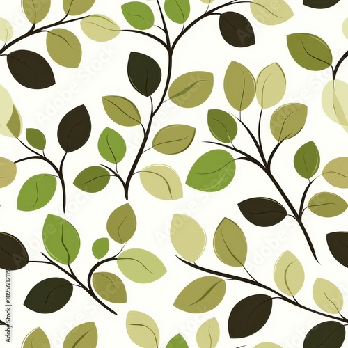 Seamless Leaf Pattern with Green and Brown Foliage on White Background, Elegant Design for Wallpaper, Fabric, Gift Wrap, and Eco-Friendly Themes