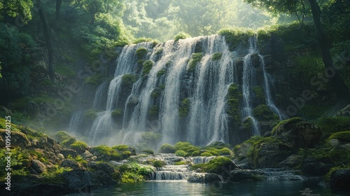 A serene waterfall cascading over rocks, surrounded by lush greenery and mist.