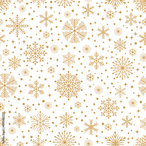 Elegant gold snowflake seamless pattern on a white background with scattered dots, perfect for festive winter designs.