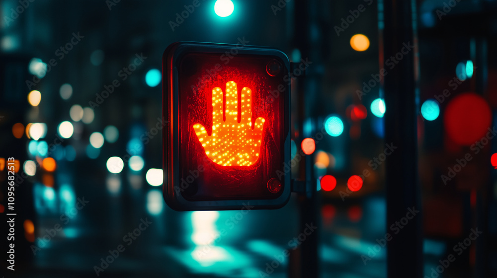 Red pedestrian hand signal glowing at night on a busy city street with bokeh lights Red pedestrian hand signal glowing at night on a busy city street with bokeh lights