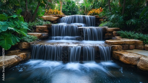A serene waterfall cascading over rocks, surrounded by lush greenery and vibrant plants.