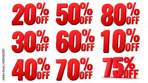 Different percent discount sticker discount price tag set. red shape promote buy now with sell off up to 10, 20, 30, 40, 50, 60, 70, 75, 80 percentage vector illustration isolated on white