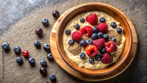 Creamy porridge topped with raspberries, blueberries, and chia seeds in a wooden bowl