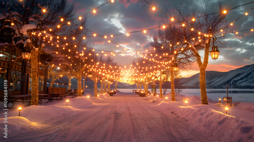 Snowy Christmas Scene with Warm Twinkling Lights Snowy Christmas Scene with Warm Twinkling Lights