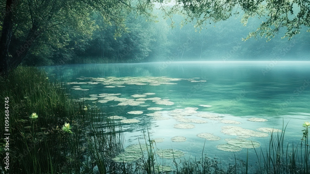 A serene lake surrounded by lush greenery and lily pads, evoking tranquility and nature's beauty. A serene lake surrounded by lush greenery and lily pads, evoking tranquility and nature's beauty.