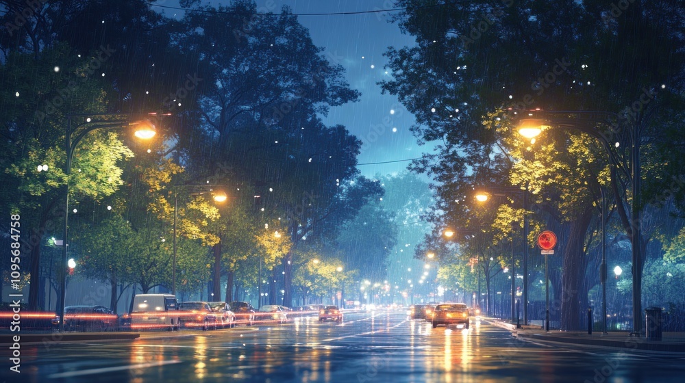A serene nighttime street scene with illuminated trees and vehicles under a rainy sky. A serene nighttime street scene with illuminated trees and vehicles under a rainy sky.