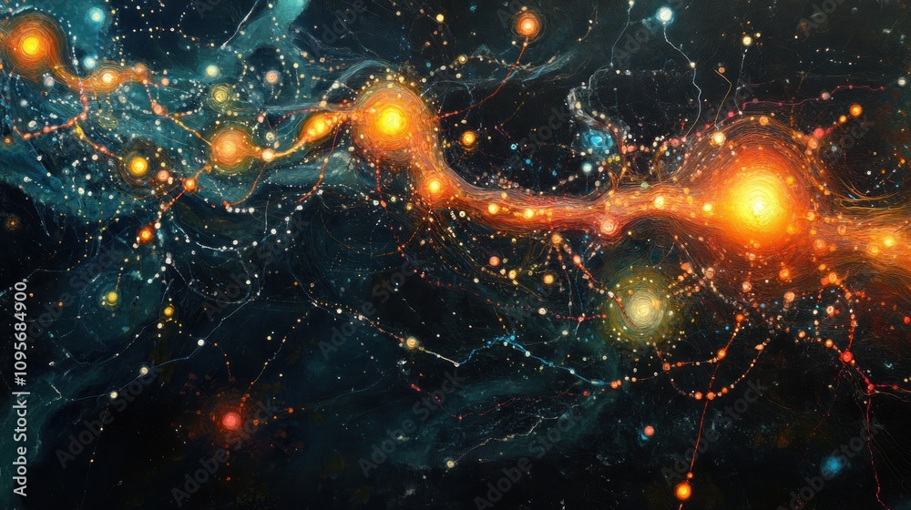 Abstract cosmic scene depicting swirling galaxies and luminous stars in a dark space background. Abstract cosmic scene depicting swirling galaxies and luminous stars in a dark space background.