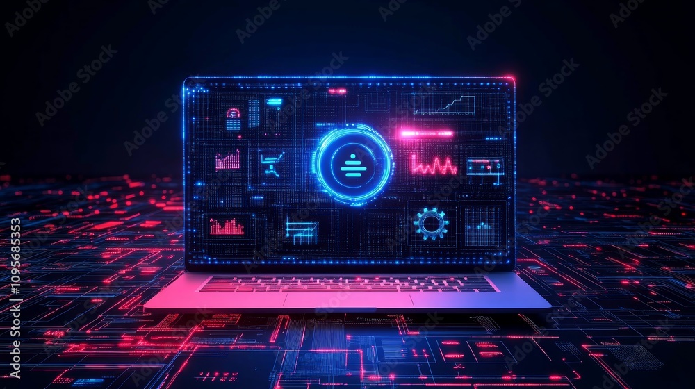 Fototapeta premium Futuristic laptop displaying digital data, graphs, and charts on a circuit board background.