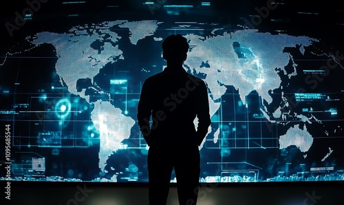 A person silhouetted against a digital world map, suggesting technology and global connectivity.