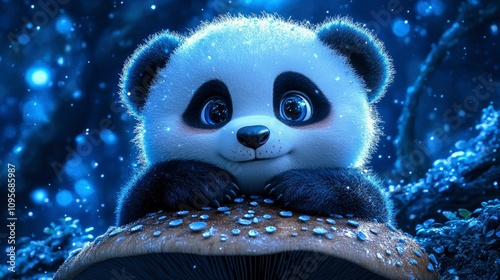 Adorable Baby Panda on a Magical Mushroom in a Winter Wonderland